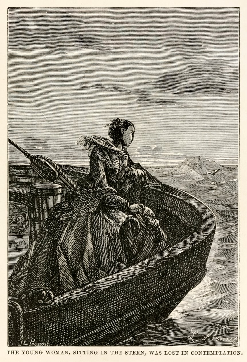 坐在船尾的那个年轻女子在沉思中迷失了，由朱尔斯凡尔纳（1828-1905）在八十天环游世界，由Jean Louis Prevost（1790-1850）刻，1873年 作者 贝尼特之后的希波吕特·莱昂