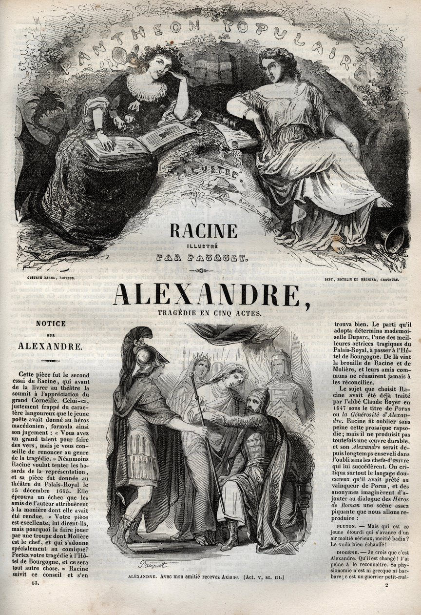 Alexandre le Grand tragedie en cinq actes - 雕刻在 "Oeuvres de Jean Racine "中，由Pauquet提供插图，Emile de La Bedolliere提供说明 - 1851年 作者 希波吕特·路易斯·鲍奎特