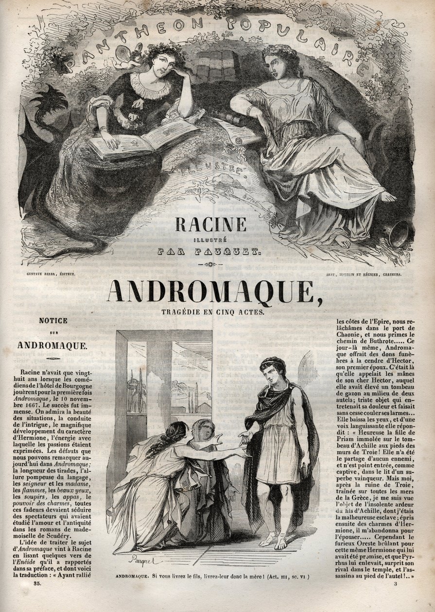 Andromaque五幕悲剧--《让-拉辛作品集》中的版画，由Pauquet绘制，Emile de La Bedolliere作了说明 - 1851年 作者 希波吕特·路易斯·鲍奎特