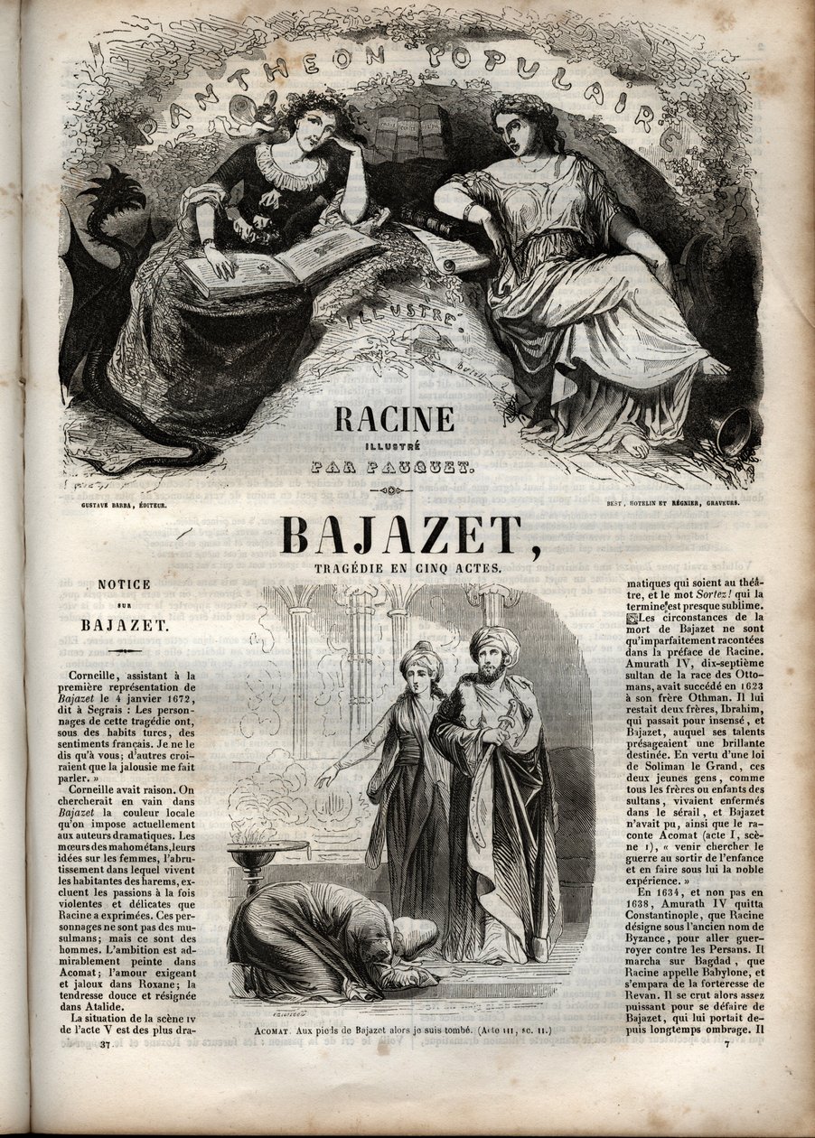 让-拉辛的五幕悲剧Bajazet engraving in "Oeuvres de Jean Racine" illustrated by Pauquet and notice by Emile de La Bedolliere - 1851年 作者 希波吕特·路易斯·鲍奎特