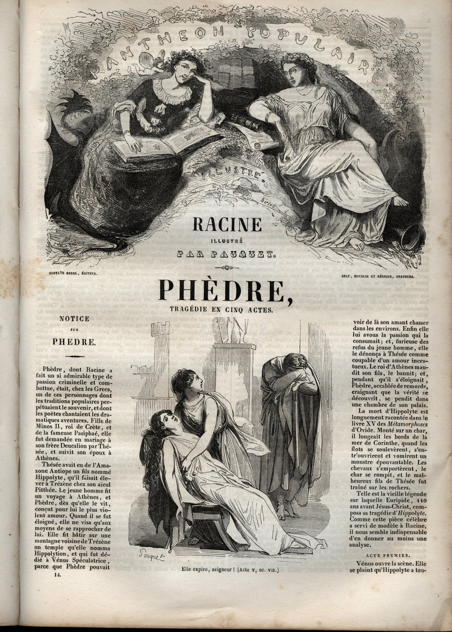 让-拉辛（1639-1699）的《Phedre》--《让-拉辛作品》中的雕版，由Pauquet绘制，Emile de La Bedolliere作了说明 - 1851年 作者 希波吕特·路易斯·鲍奎特