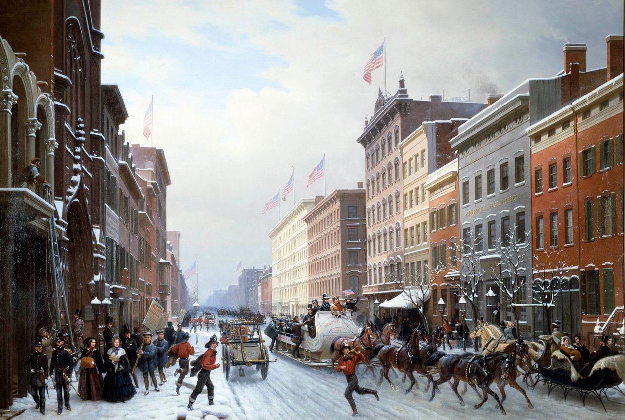 1840 年从曼哈顿到纽约的一条街道 Hippolyte Victor Valentin Sebron (1801-1879) 绘画，1840 年 2.25 X 3.30 米布莱兰古。 Musee Franco American - 纽约曼哈顿街 作者 希波利特·维克多·瓦伦丁·塞布隆