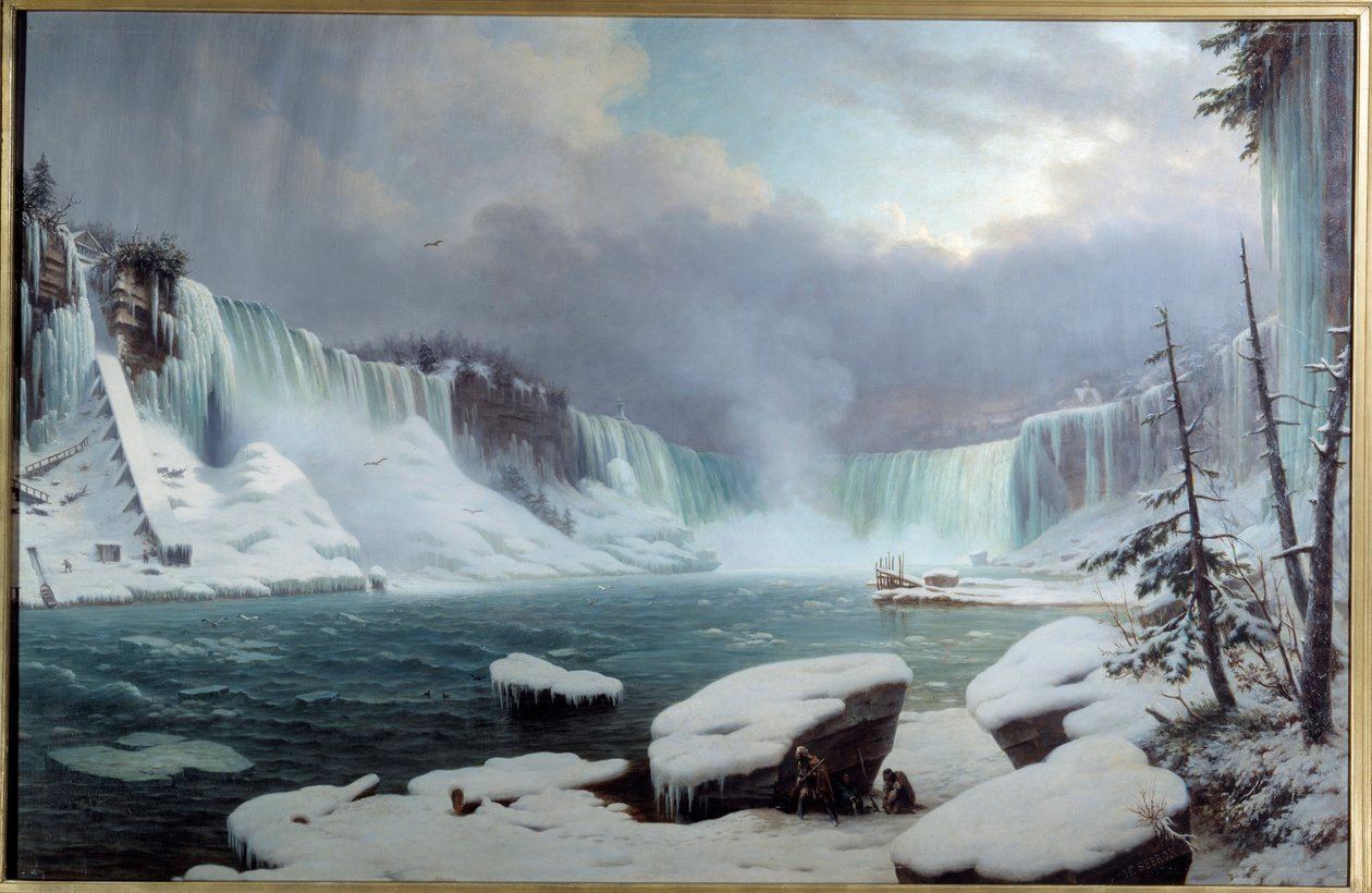 大尼亚加拉白内障，冬季效应。尼亚加拉大瀑布的景色。画家：Hippolyte Victor Valentin Sebron (1801-1879) 作者 希波利特·维克多·瓦伦丁·塞布隆