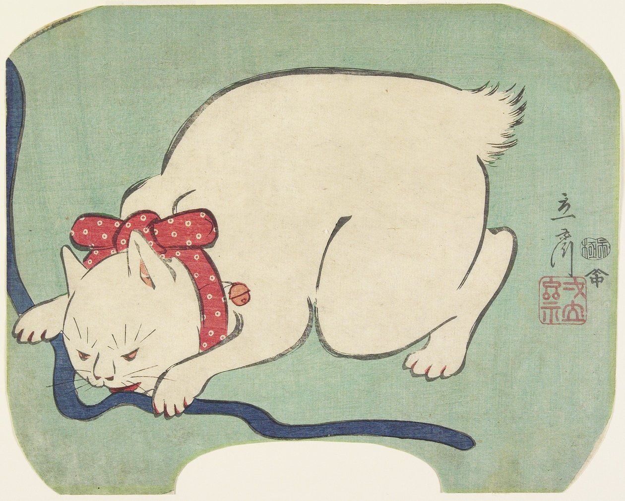 一只白色的猫玩一串，1863年 作者 二世弘重