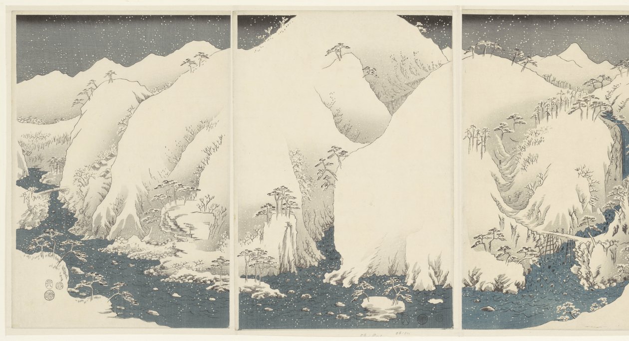 木曾沿线的山川
木曾寺之山川（实物标题）
雪、月和花（系列标题）
节杖卡（系列名称） 作者 歌川广重 (I)