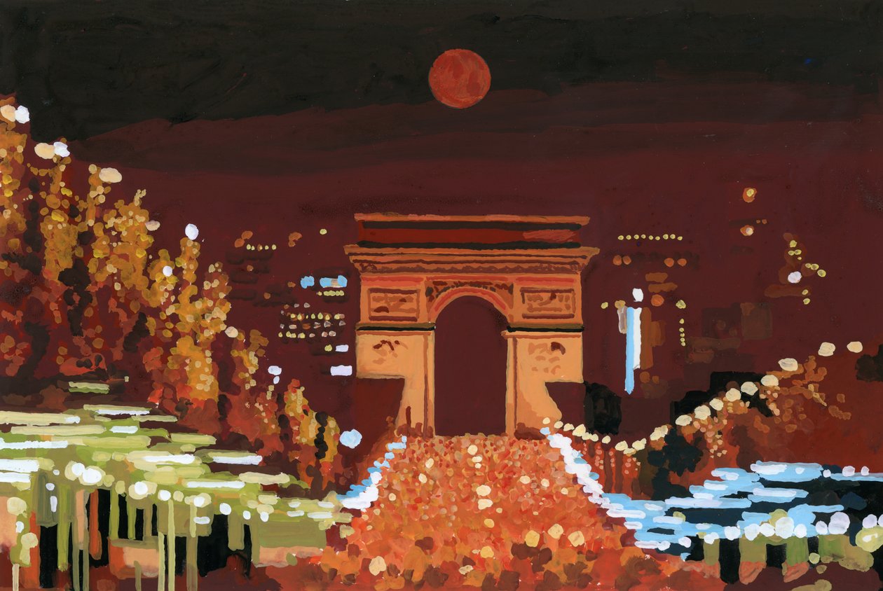 凯旋门和香榭丽舍大街夜景，2015 年（纸上水粉画） 作者 井筒宏之