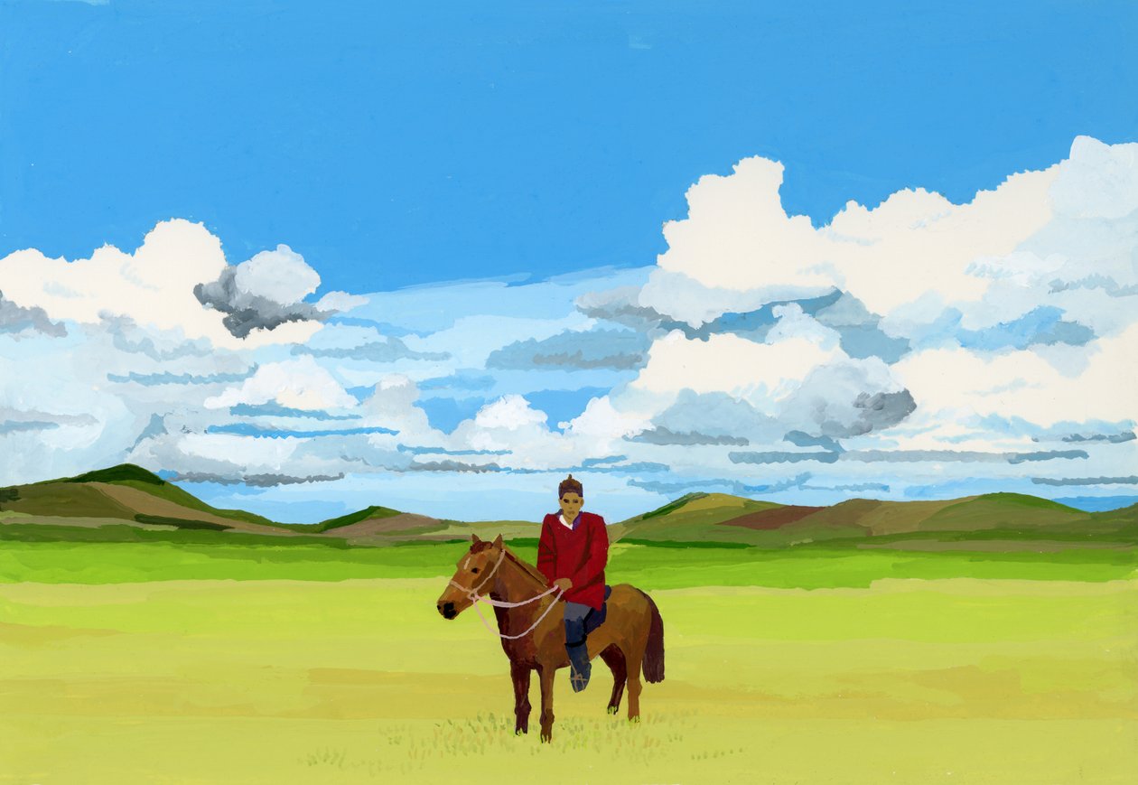 蒙古草原和骑马的人们，2015（纸上水粉） 作者 井筒宏之