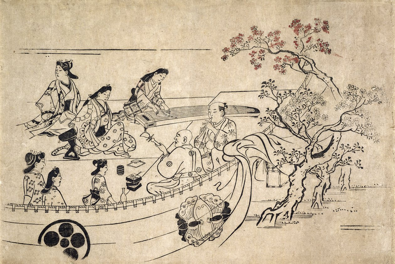 上野樱桃树下的音乐，c.1680（木版画） 作者 菱川师信