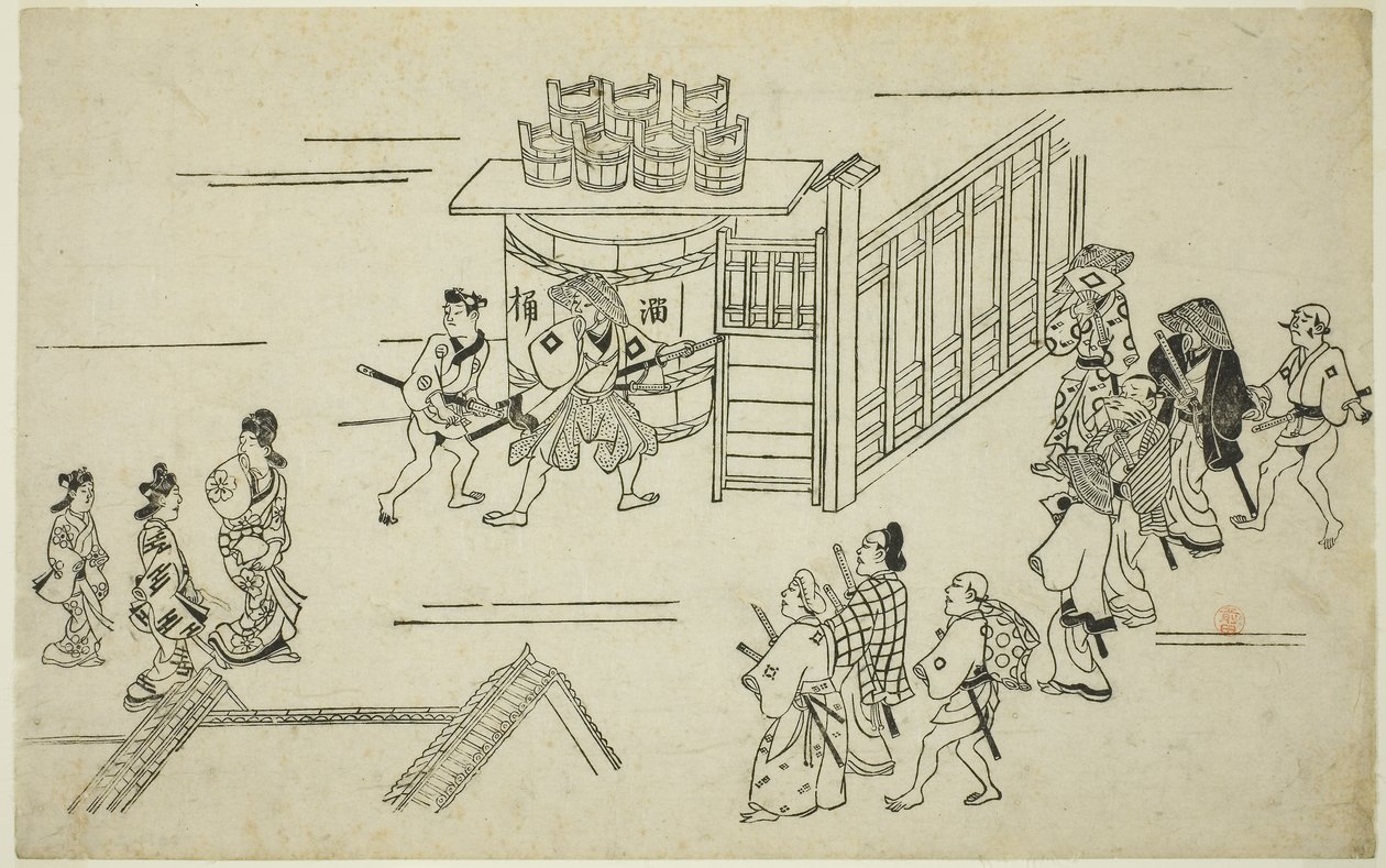 前往上谷町的入口，出自 te Serie 的“吉原的 Tee Apperanse (Yoshiwara no Tei)”，c。 1681-84（奥德博克版画；Sumizurie、Oban） 作者 菱川师信