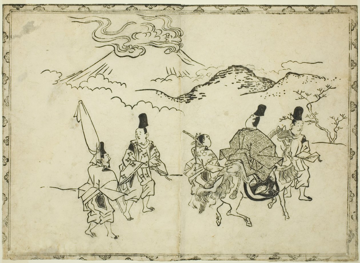 成平的东方之旅，选自绘本 "屏风和挂轴上的绘画全景（Byobu kakemono ekagami）"。 作者 菱川师信