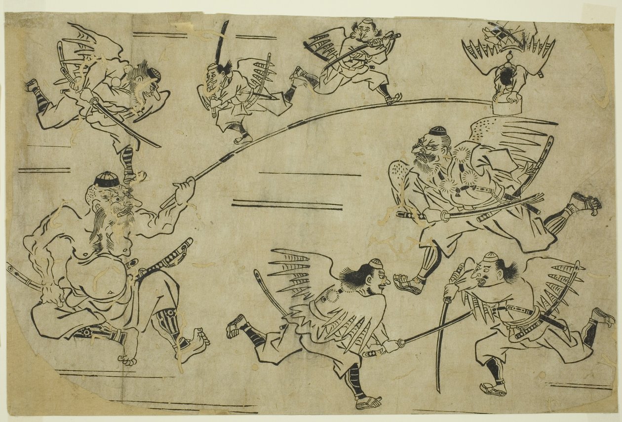 天狗王训练他的学生，约1690年 作者 菱川师信