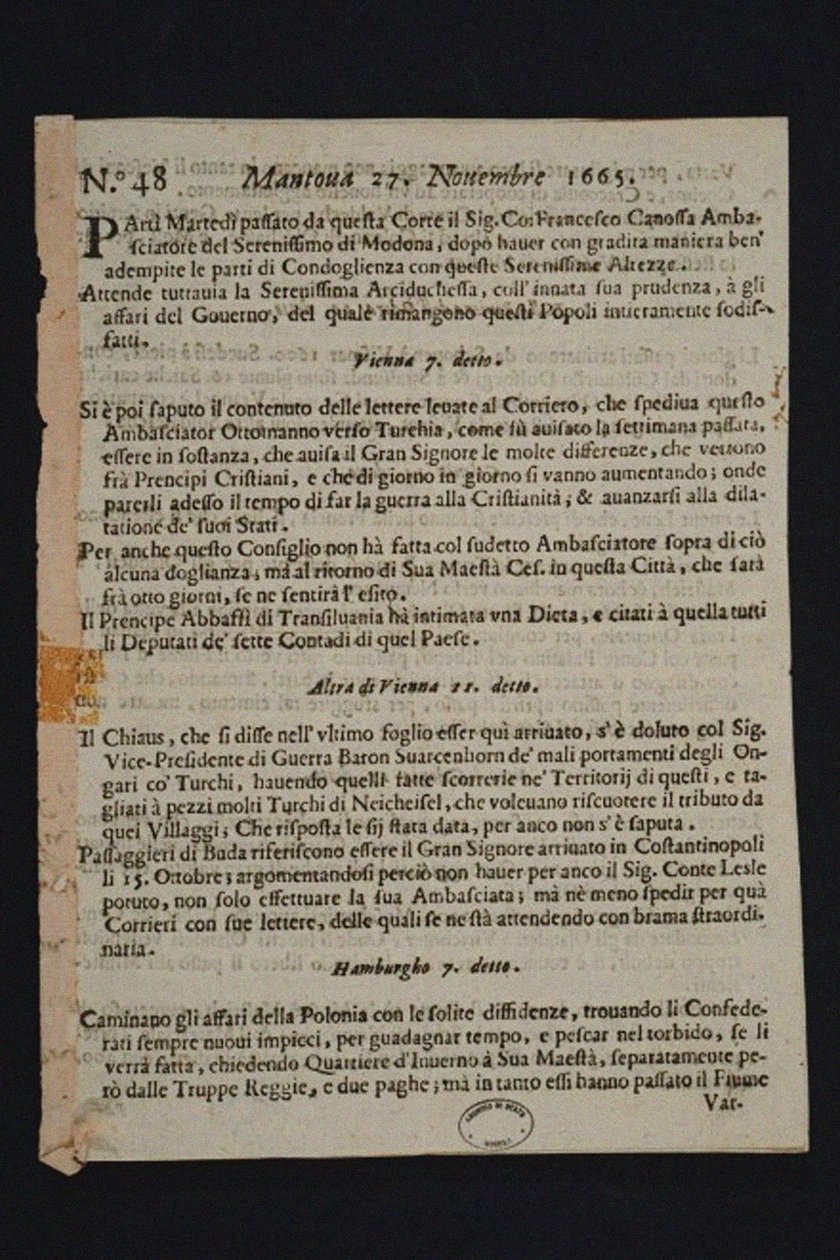 Gazzetta di Mantova - 最古老的意大利报纸，1665年 作者 历史对象