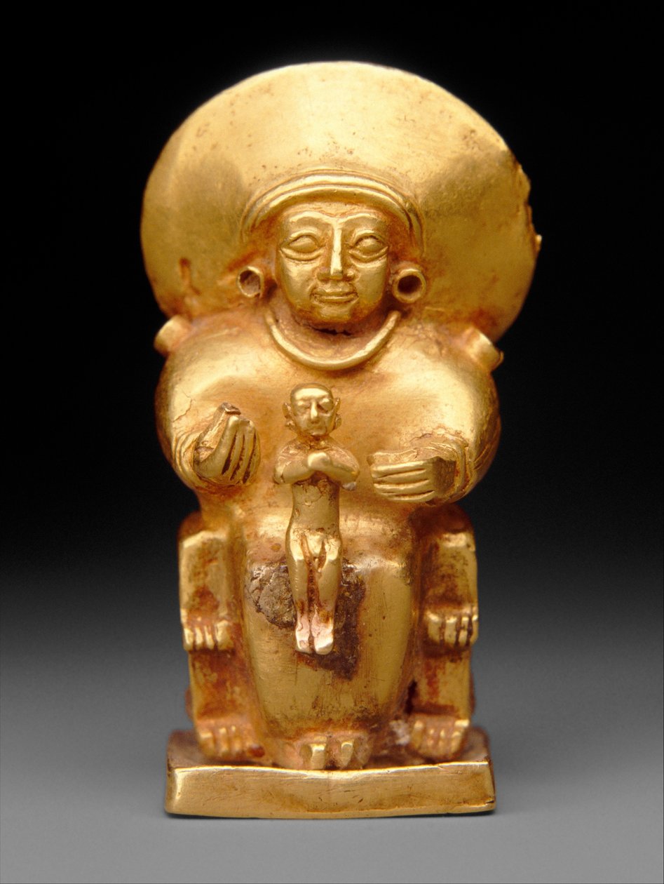 带孩子的坐姿女神，约公元前1300年（金）。 作者 赫梯人
