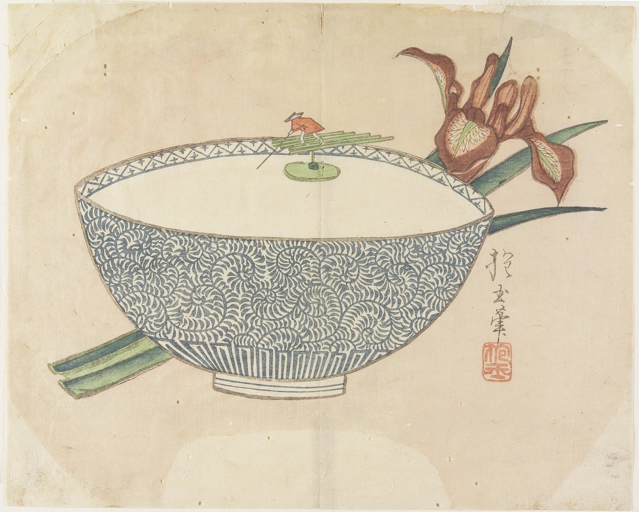 （碗里的水与漂浮的小船夫），c。 1830 作者 北国