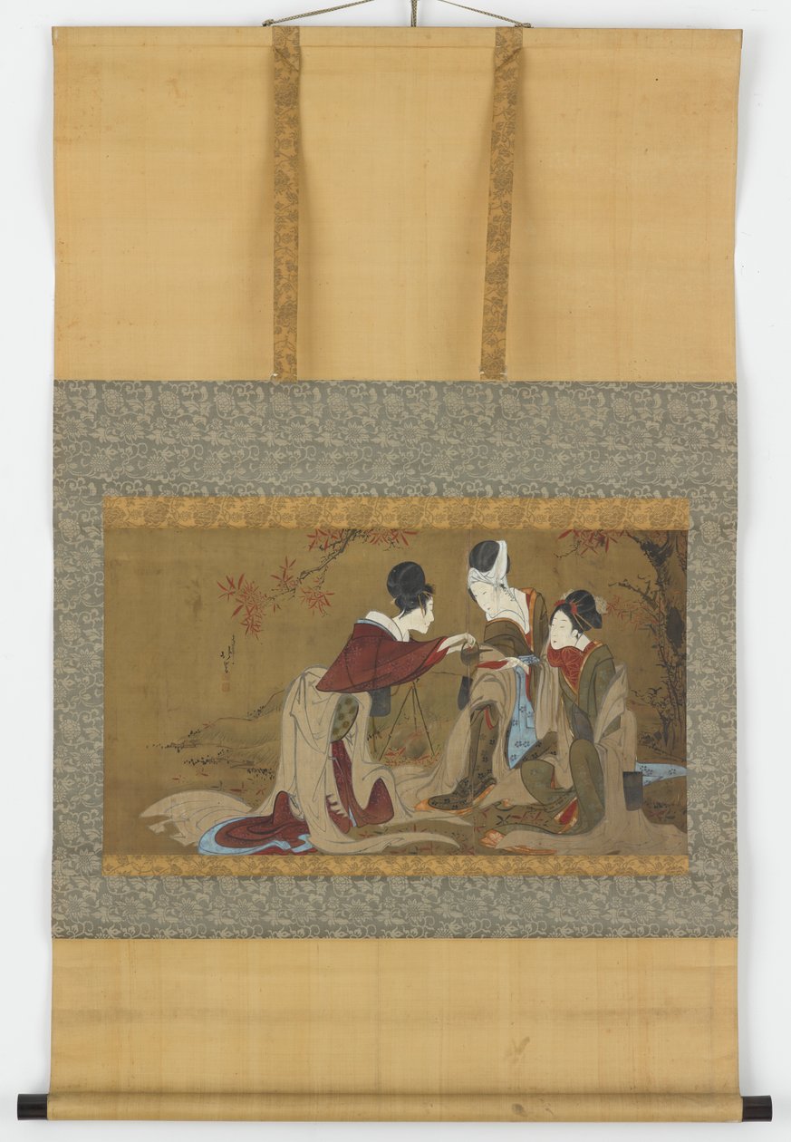 三个喝着在秋叶火上加热的清酒的shirabyoshi，江户时期，1800-1850。 作者 北贺
