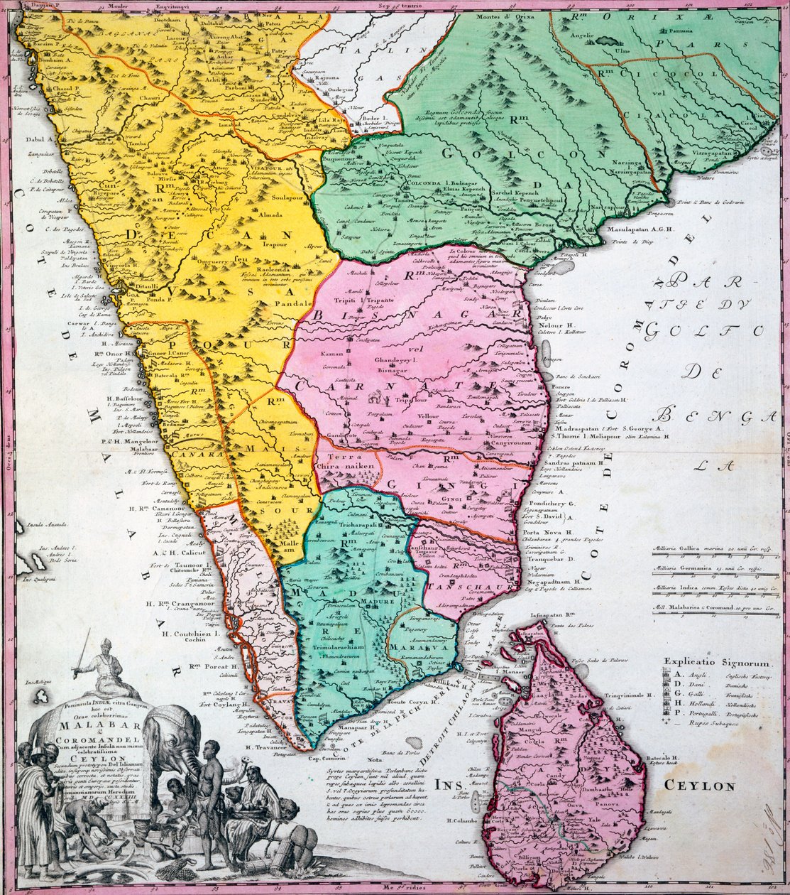 1733年印度半岛地图（手工彩色雕刻） 作者 霍曼继承人公司