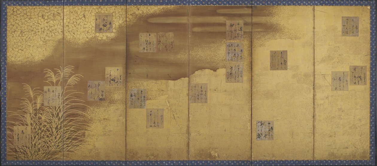 花，草，竹帘和18个装饰和题写的诗篇论文，江户时代（纸上的金色和浅色） 作者 本南光悦