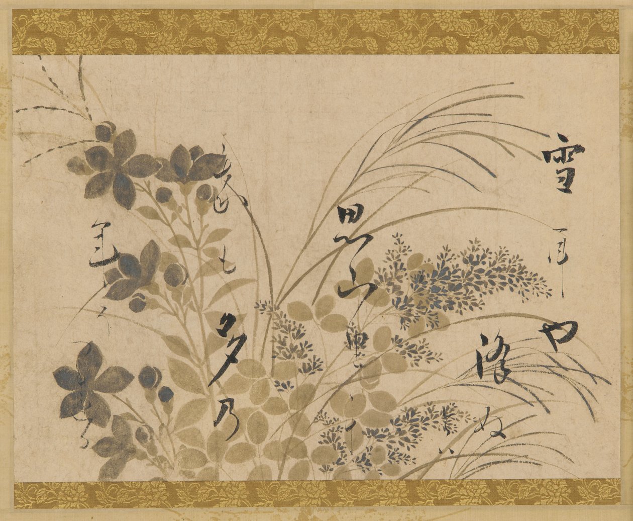 花，草，和一首诗，江户时期，1615-1637。 作者 本南光悦