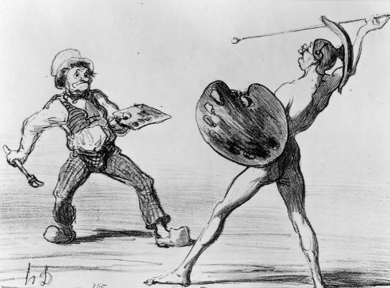 “学校之战 - 理想主义与现实主义”，系列&39;Fantaisies&39;的插图，于1855年4月24日出版于&39;Charivari&39; 作者 奥诺雷·杜米埃