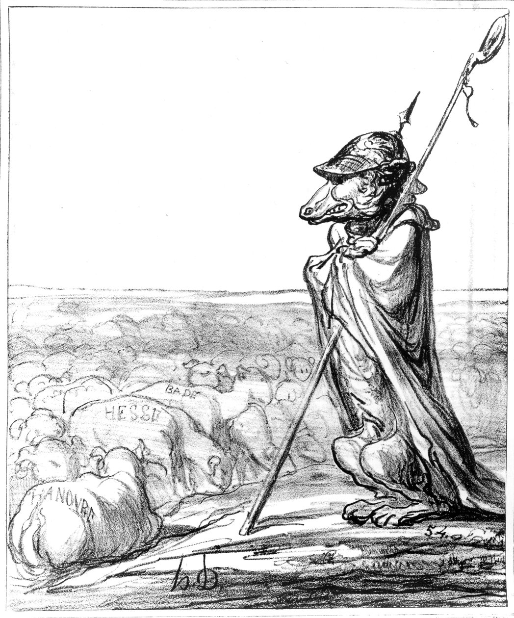 “La Fontaine Renewed”，1867年10月10日，“Le Charivari”，普鲁士狼伪装成守护德国绵羊的牧羊人 作者 奥诺雷·杜米埃
