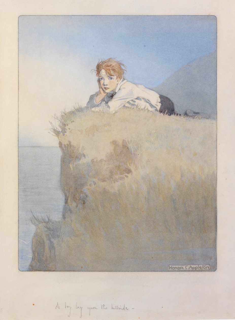 一个男孩躺在山坡上"（铅笔水彩画） 作者 荣誉夏洛特阿普尔顿