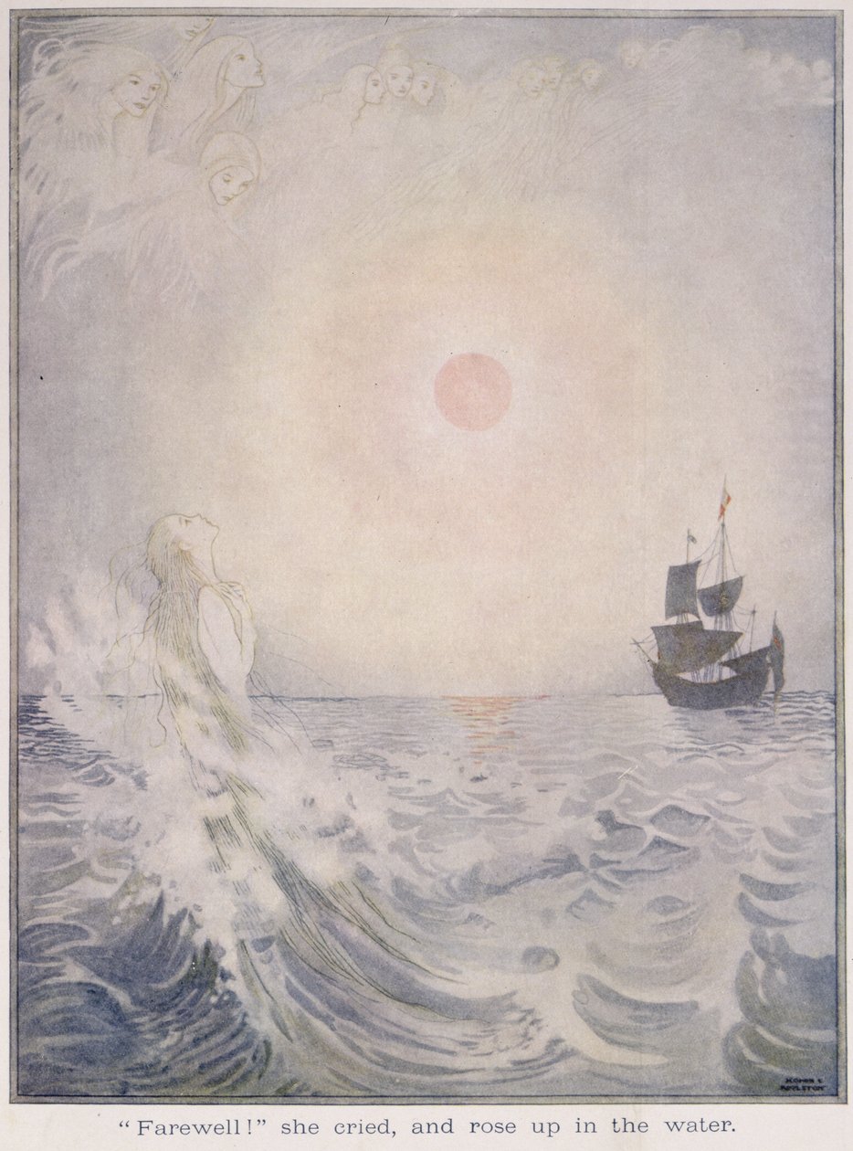 告别，她哭泣，在水中升起，选自汉斯·克里斯蒂安·安徒生 (1805-75) 的《童话故事》版本中的《小美人鱼》，1920 年（纸上水彩画） 作者 荣誉夏洛特阿普尔顿
