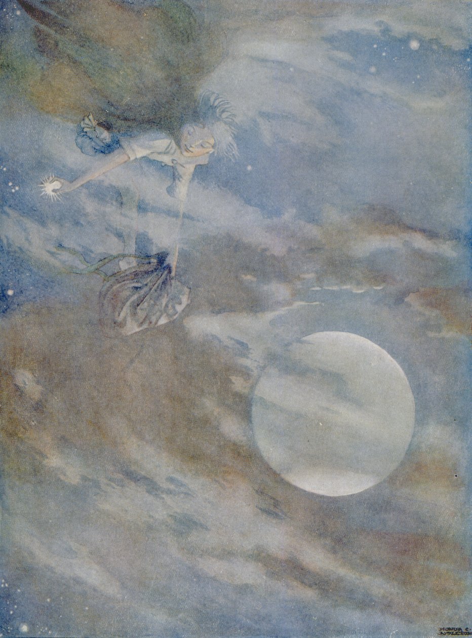 我必须摘下所有的星星来打磨它们，取自汉斯·克里斯蒂安·安徒生 (1805-75) 1920 年《童话故事》版本中“Ole-Luk-Oie”的故事（纸上水彩画） 作者 荣誉夏洛特阿普尔顿