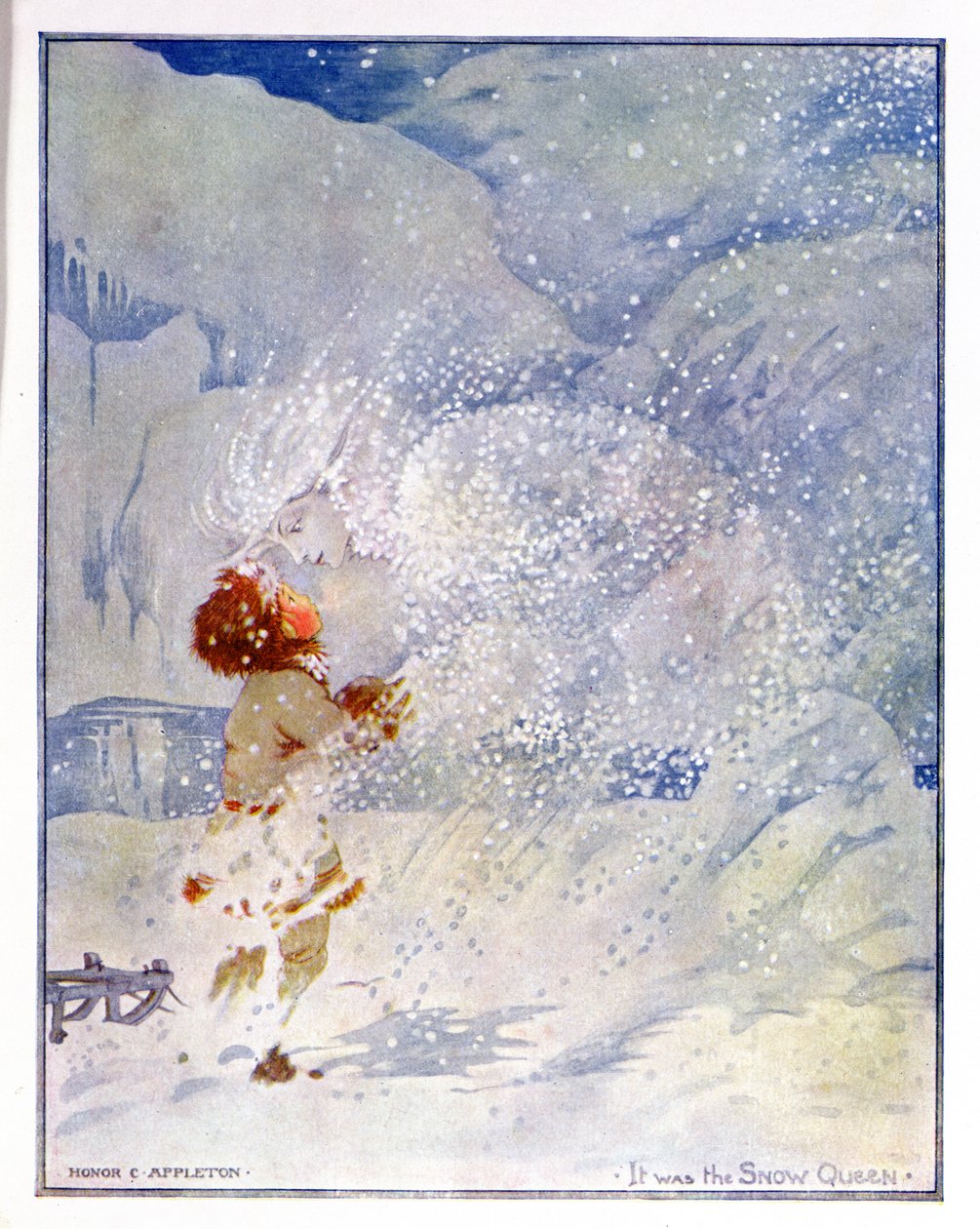 安徒生（1805-75 年）1920 年版《童话》中《雪女王》的插图（纸面水彩画） 作者 荣誉夏洛特阿普尔顿