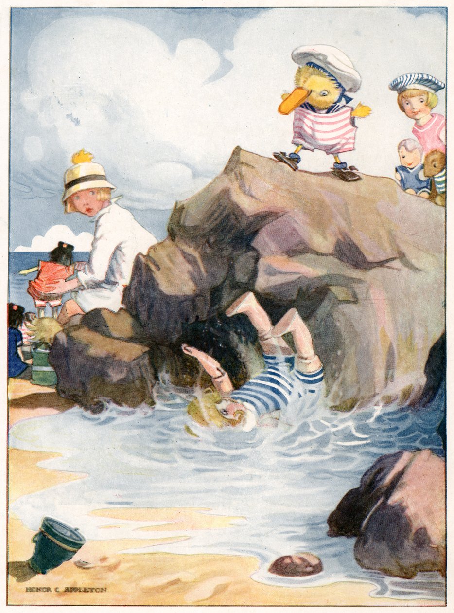 “可怜的艾米就在海底翻滚了”，《约瑟芬很忙》中的插图，H.C. Cradock，由 Blackie & Son, Ltd. 出版（彩色光刻） 作者 荣誉夏洛特阿普尔顿