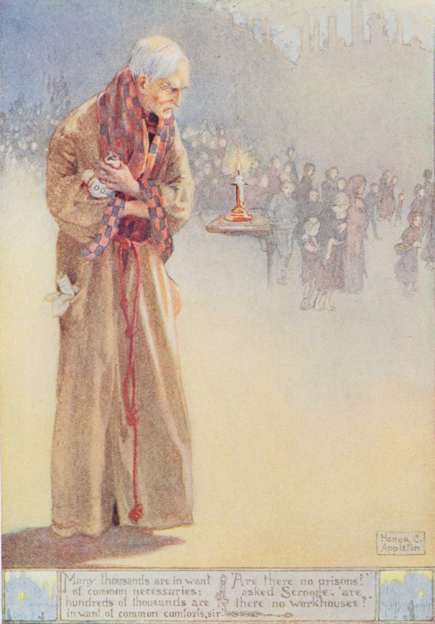 查尔斯-狄更斯（1812-70 年）的《圣诞颂歌》（1843 年）插图 "关于穷人的守财奴"（彩色石版画） 作者 荣誉夏洛特阿普尔顿
