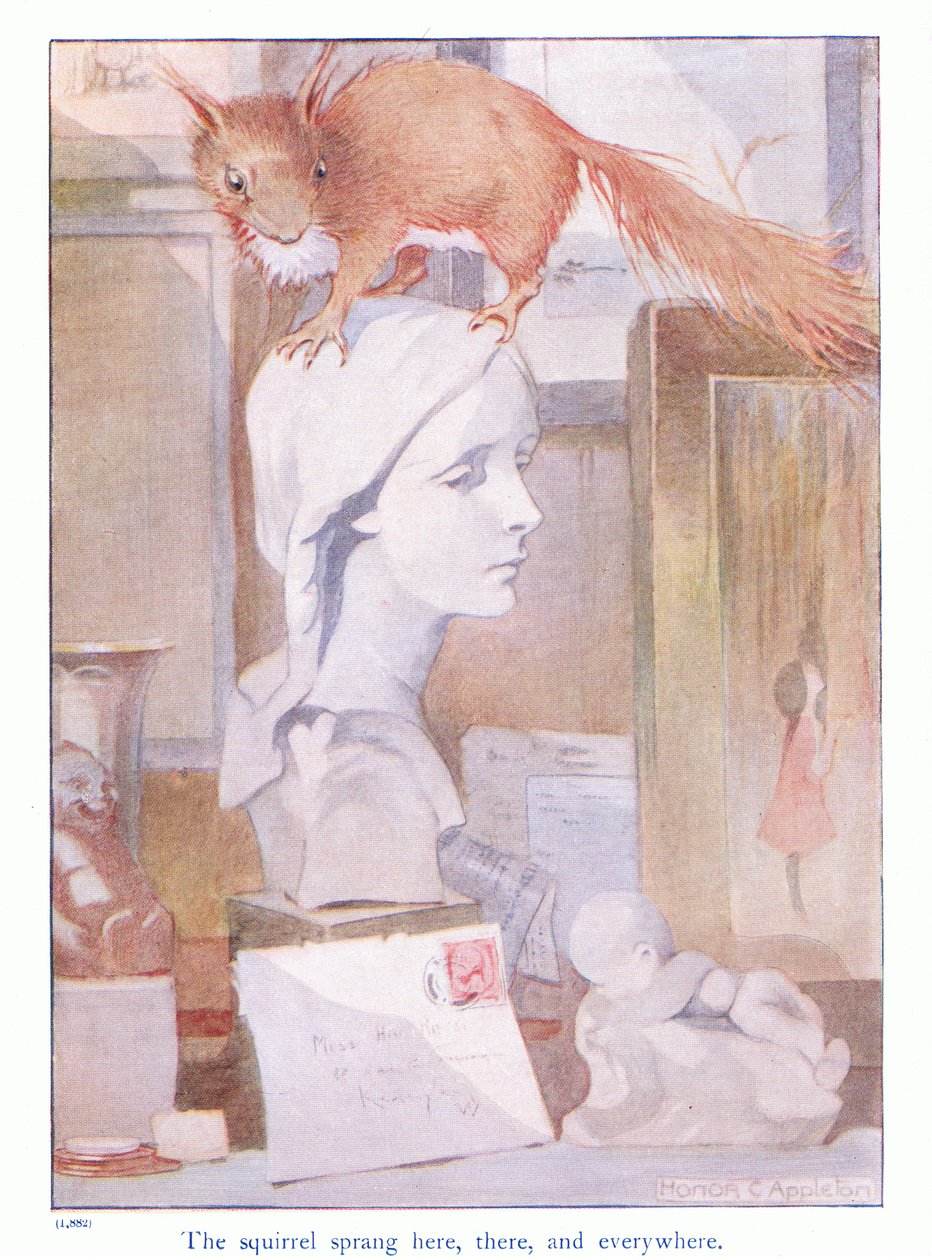 松鼠到处跳来跳去，插图来自埃莉诺·泰瑞尔 (Eleanor Tyrell) 的《更多关于松鼠》，c.1915（彩色平版印刷） 作者 荣誉夏洛特阿普尔顿