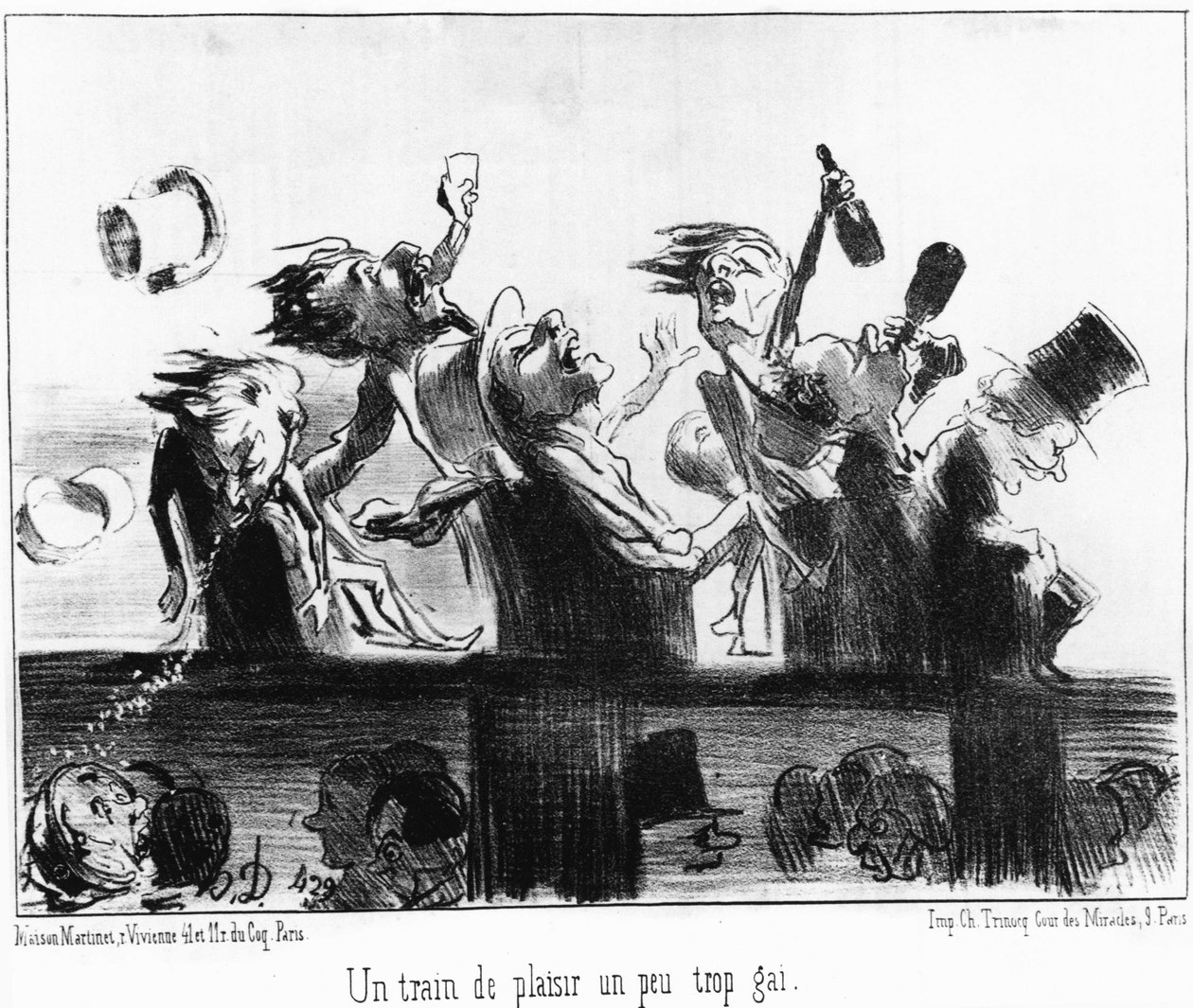 一辆有趣的火车，有点过于欢快：取自《Les trains de Plaisir》，Honore Daumier（1808-1879）关于铁路的系列漫画。"Charivari" 作者 奥诺雷·杜米埃