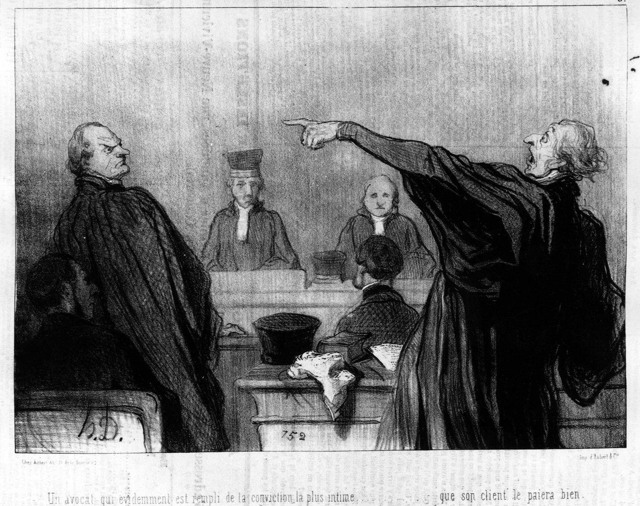 一位律师显然充满了最亲密的信念......他的客户将对他很好，取自Honore Daumier（1808-1879）的 "Gens de Justice "系列正义漫画。"Charivari" 作者 奥诺雷·杜米埃