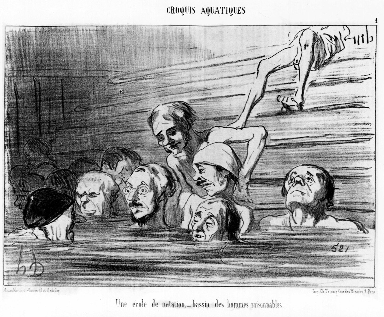 一所游泳学校，一个讲道理的人的游泳池：插图来自Honore Daumier（1808-1879）关于游泳的 "Sketch d