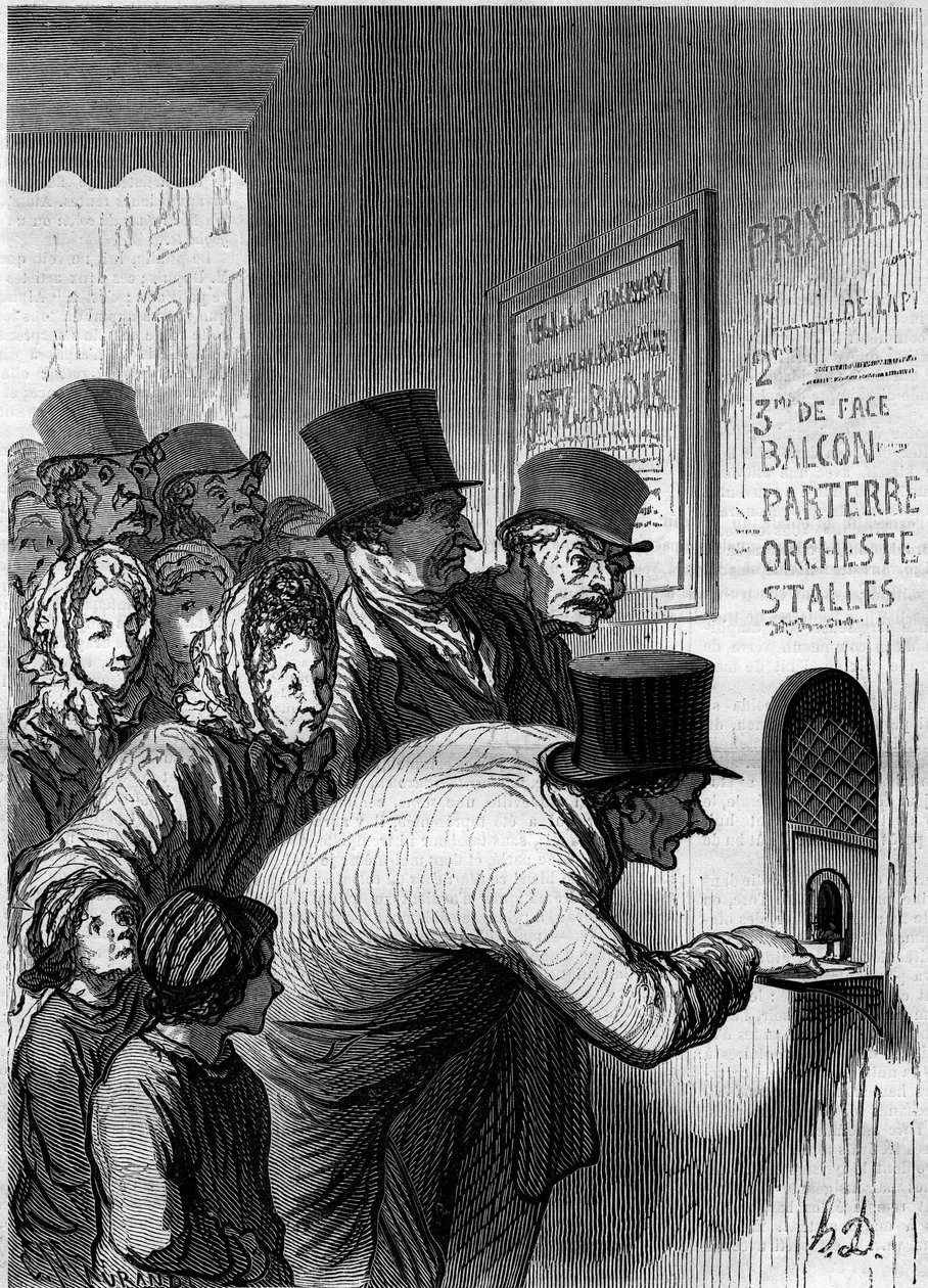 A theater window. Cartoon by Honore Daumier (1808-1879). Engraving in “” Le Monde Illustré”” n°269 of 7 June 1862. 作者 奥诺雷·杜米埃