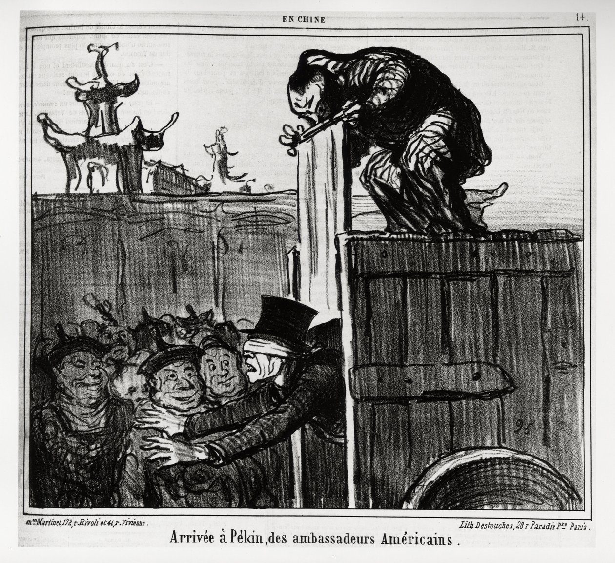 到达北京的美国大使们。在 "中国 "系列中，Honore Daumier（1808-1879）的插图，发表在 "Charivari "上，日期为1859年10月13日。 作者 奥诺雷·杜米埃
