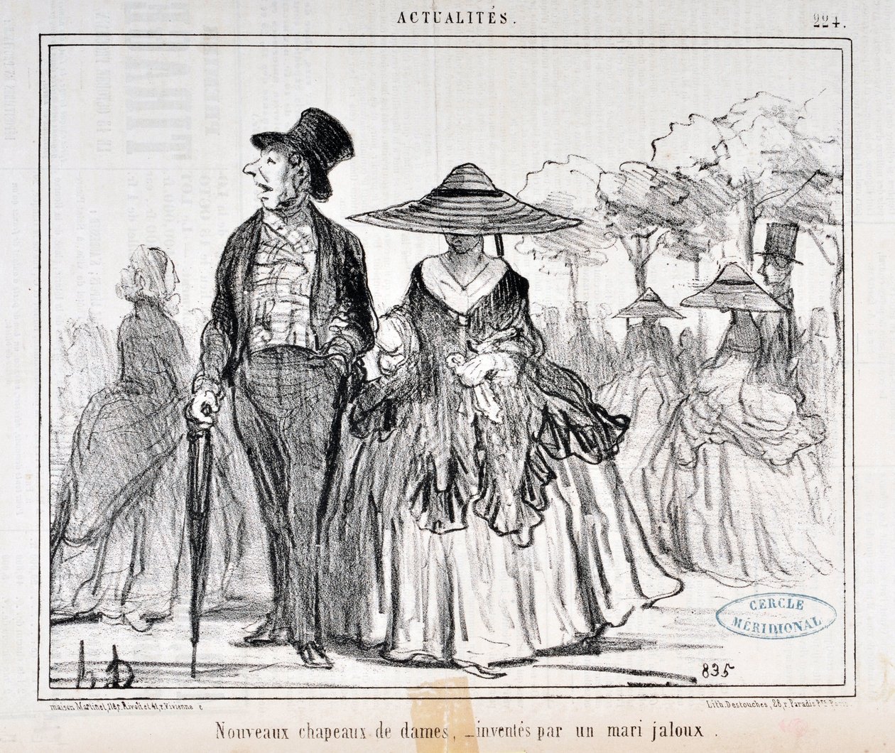 Honore Daumier (1808-1879)的作品：1855年的Charivari杂志：Serie Actualites "Nouvelles hats de dames, inventes par un mari jaloux" MUSEE DES BEAUX ARTS - PALAIS LONGCHAMP, MARSEILLE 作者 奥诺雷·杜米埃