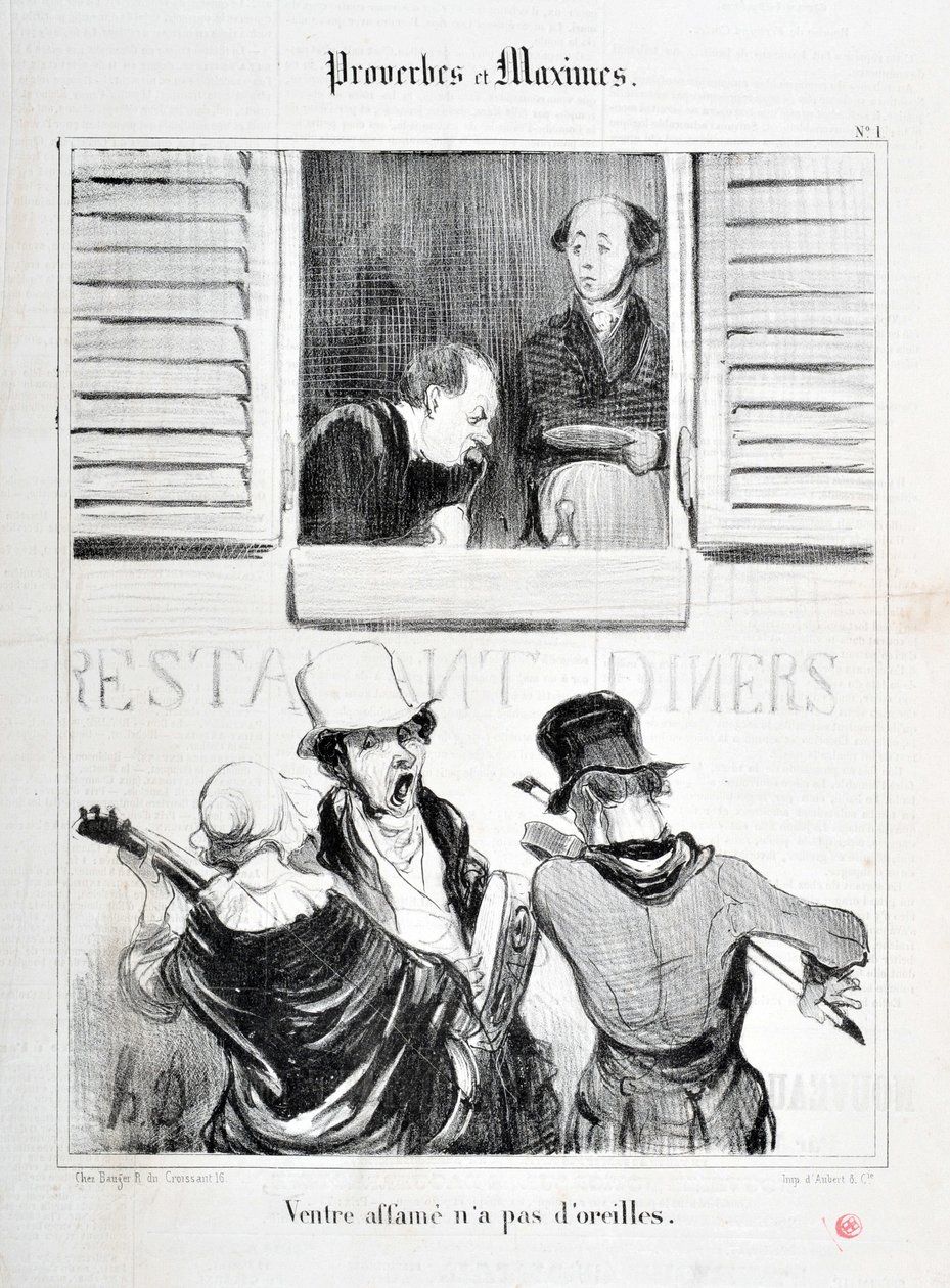 霍诺尔-杜米埃（1808-1879）的作品。Charivari是1840年的作品。Serie PROVERBES ET MAXIMES "Belly starvation has no ears" MUSEE DES BEAUX ARTS - PALAIS LONGCHAMP, MARSEILLE 作者 奥诺雷·杜米埃