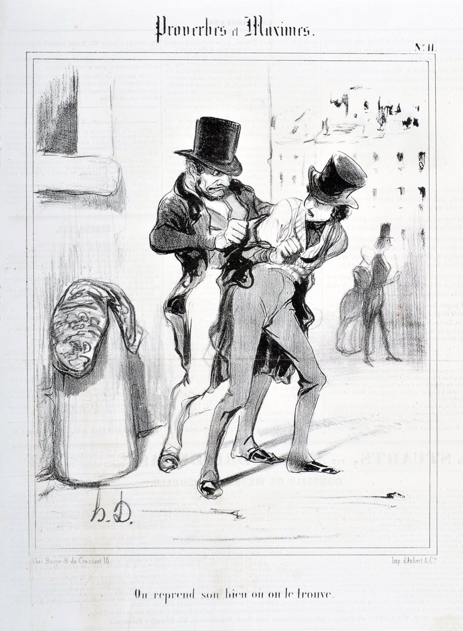 霍诺尔-杜米埃（1808-1879）的作品。Charivari》可以追溯到1840年。PROVERBES ET MAXIMES系列 "我们恢复我们的财产，或者我们找到它 "MusEE DES BEAUX ARTS - PALAIS LONGCHAMP, MARSEILLE 作者 奥诺雷·杜米埃
