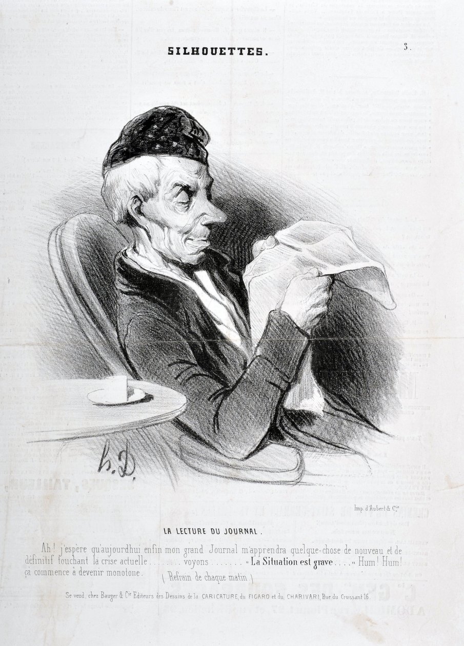 霍诺尔-杜米埃（1808-1879）的作品。Charivari》可追溯到1840年。SOUXETTES "La lecture du journal "系列：MusEE DES BEAUX ARTS - PALAIS LONGCHAM 作者 奥诺雷·杜米埃