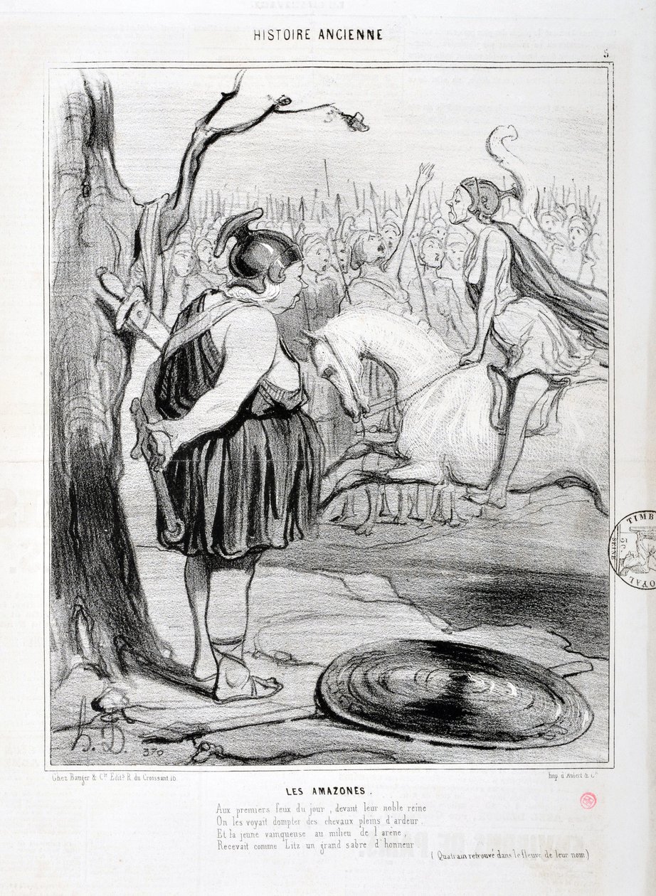 Honore Daumier (1808-1879)的艺术作品《Charivari》可追溯到1842年。HISTORIE ANCIE Les Amazones系列。"在一天的第一场火中，在他们高贵的女王面前，人们看到他们驯服了充满热情的马匹。而在竞技场中间的年轻冠军接受 作者 奥诺雷·杜米埃