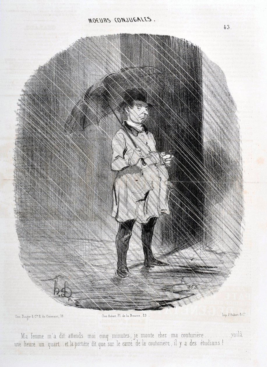 霍诺尔-杜米埃（1808-1879）的作品。Charivari》可追溯到1842年。MORES CONJUALES系列 "我的妻子告诉我，等我五分钟，我在一小时前去我的Couturiere，门上说，在Couturiere的广场上有学生!" 作者 奥诺雷·杜米埃