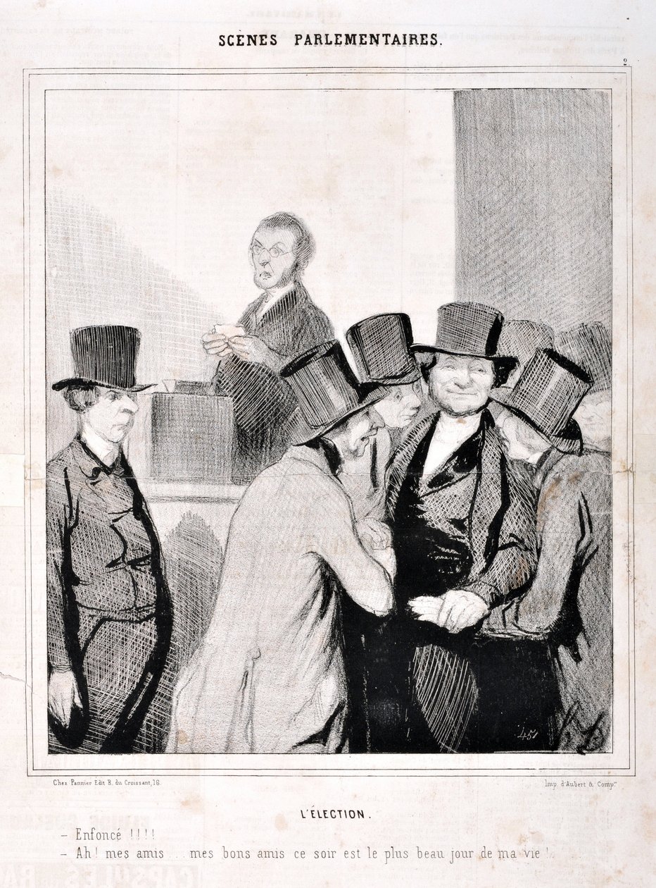 霍诺尔-杜米埃（1808-1879）的作品。Charivari》是1843年的作品。议会场景系列。选举 "游泳！！！"。"啊，我的朋友们，我的好朋友们，今晚是我生命中最重要的一天！"马赛隆尚宫美术博物馆，马赛 作者 奥诺雷·杜米埃