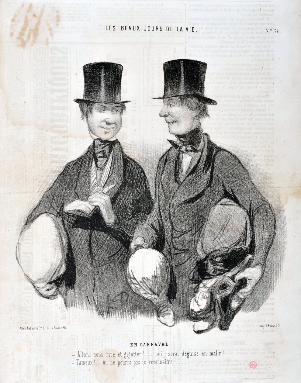 霍诺尔-杜米埃（1808-1879）的作品。Charivari》可以追溯到1845年。LES BEAUX DAYS DE LA VIE系列。在狂欢节上"--让我们欢笑吧，吉格特!我将会像聪明人一样感到失望!著名的!我们无法认出你......"马赛美术博物馆-龙尚宫，马赛 作者 奥诺雷·杜米埃