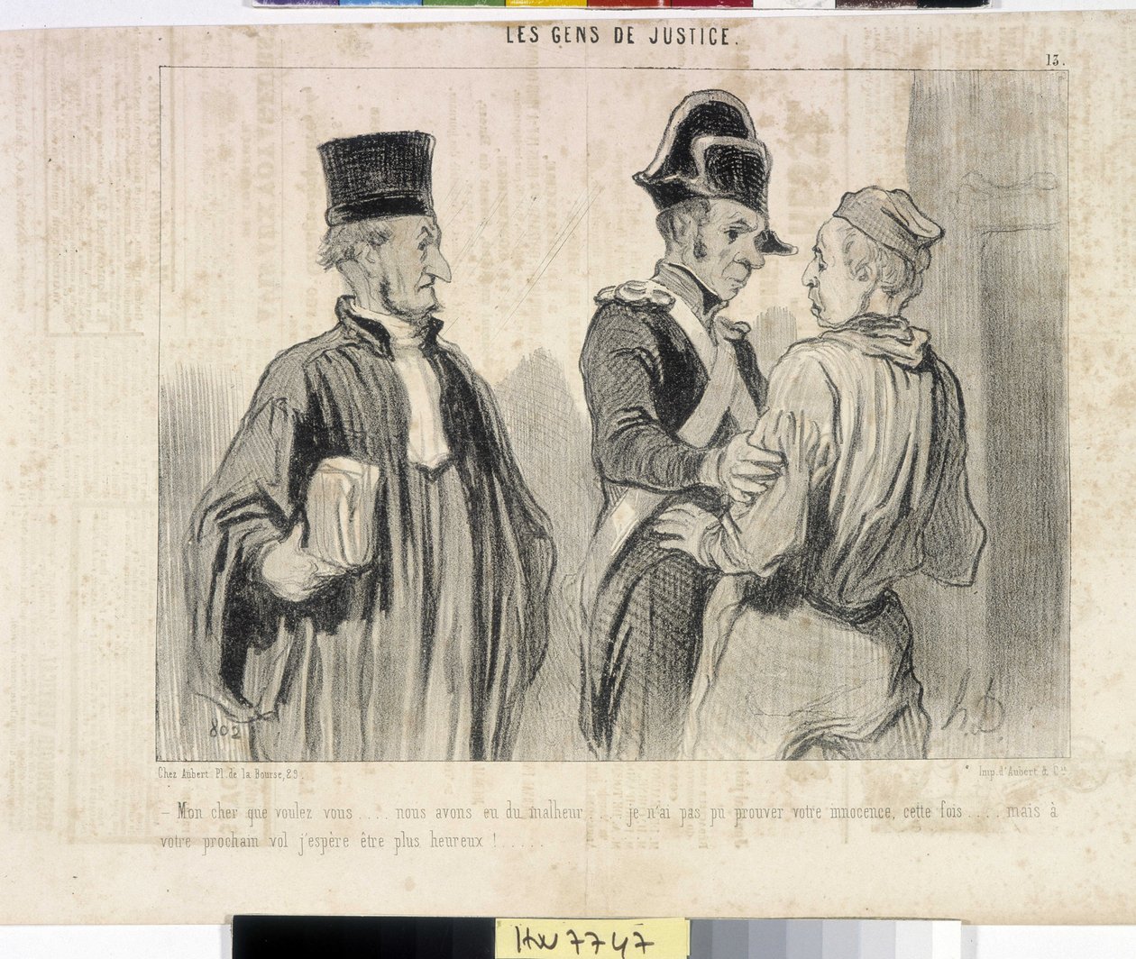 霍诺尔-杜米埃（1808-1879）的作品。Charivari》可追溯到1845年。LES PEANS DE JUSTICE系列。"亲爱的，你想要什么......我们遇到了不幸......。这次我无法证明你的清白......但你的下一次飞行我希望能更快乐。"" 摘自 作者 奥诺雷·杜米埃