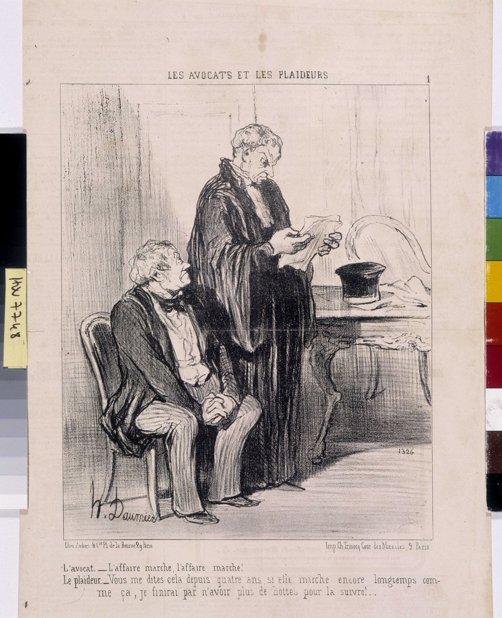 霍诺尔-杜米埃（1808-1879）的作品。Charivari》可追溯到1851年。LES Avocats et les litigants系列。"律师--案件成功了，案件成功了!诉讼律师--你已经跟我说了四年了，如果她还能走这么久的话，我最后会有M 作者 奥诺雷·杜米埃