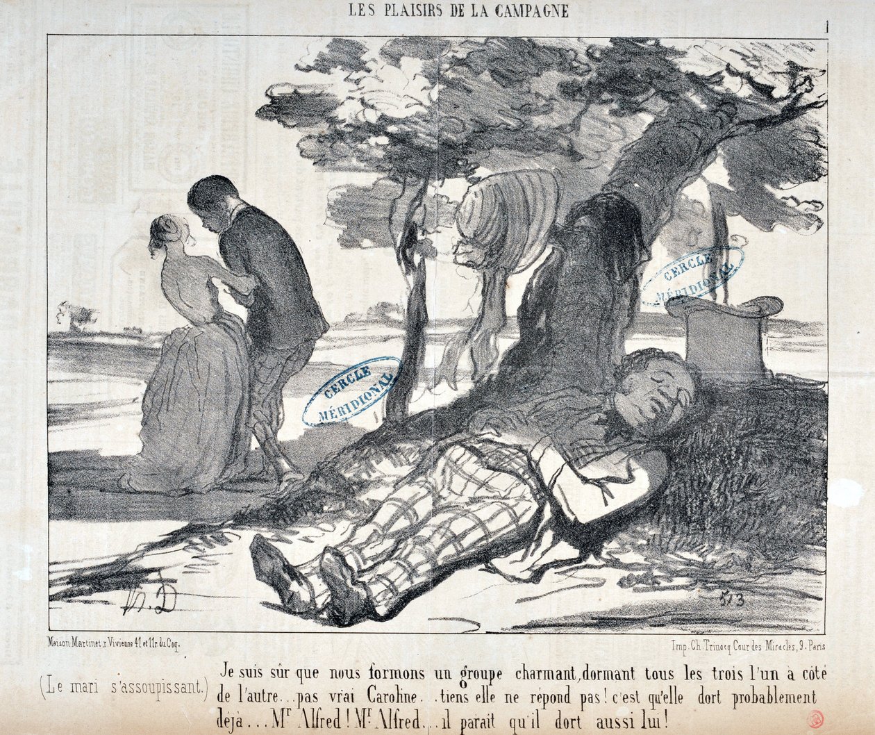 霍诺尔-道米埃（1808-1879）的作品《查理》可追溯到1853年：《LES PLAISIRS DE LA CAMPAGNE》系列 "我相信我们会形成一个迷人的团体，所有三个人都是一对一......对了，卡罗琳......在这里她没有回应！"。她可能已经在逃了 作者 奥诺雷·杜米埃
