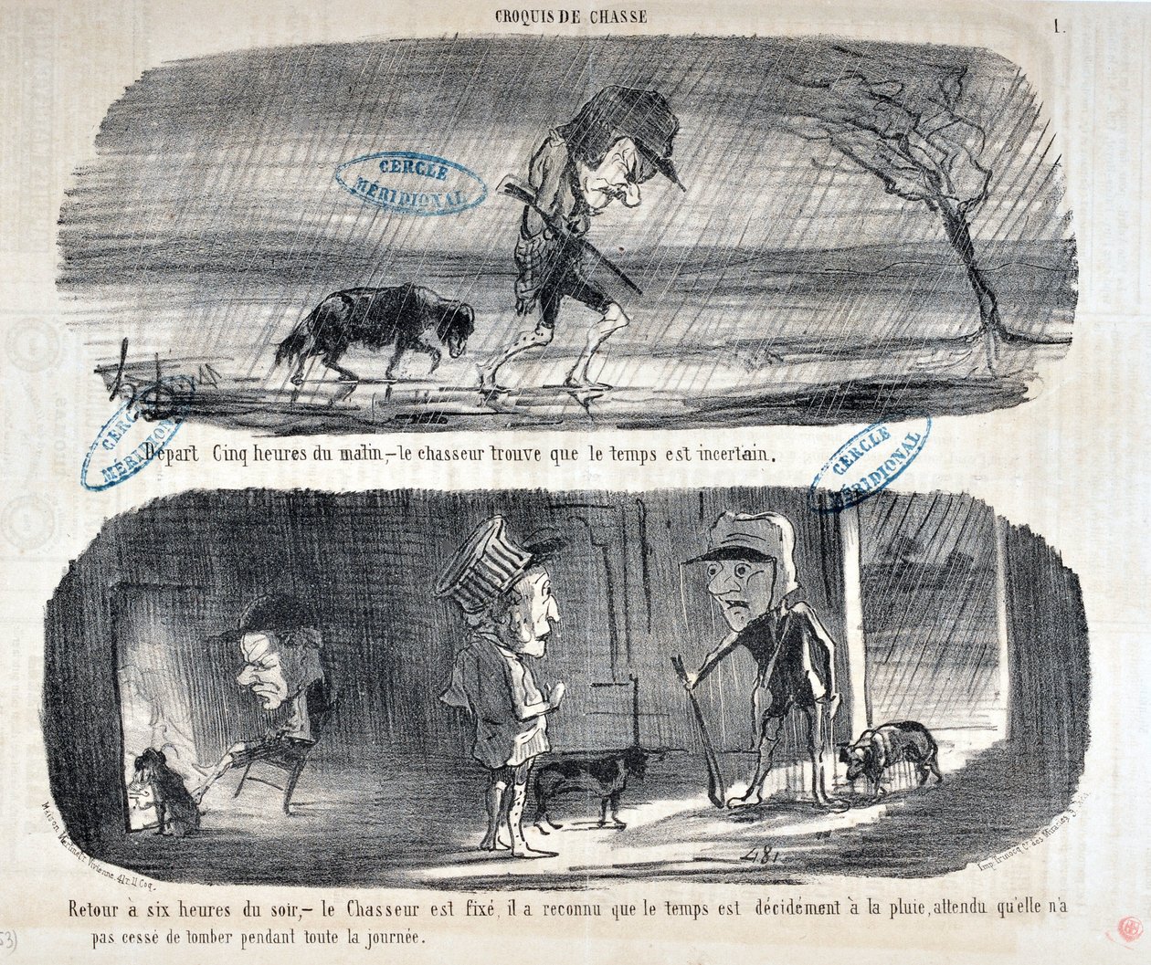 霍诺尔-道米埃（1808-1879）的作品《查理周刊》可以追溯到1853年。Serie Sketches de Chasse "Depart Five heures du matin, - le chasseur finds that the weather is uncertain" "Back to six o