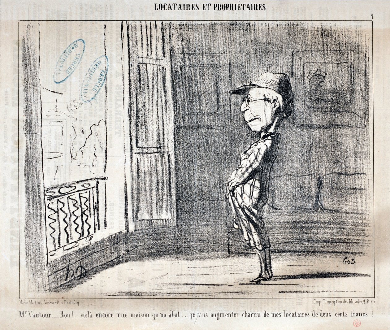 Honore Daumier (1808-1879)的艺术作品《Charivari》可追溯到1854年。TENNIQUES ET OWNIRES系列 "Vautour先生--好！...这是另一个被击倒的房子......我将为我的每个房客增加200法郎！"美术博物馆 - 龙尚宫。 作者 奥诺雷·杜米埃