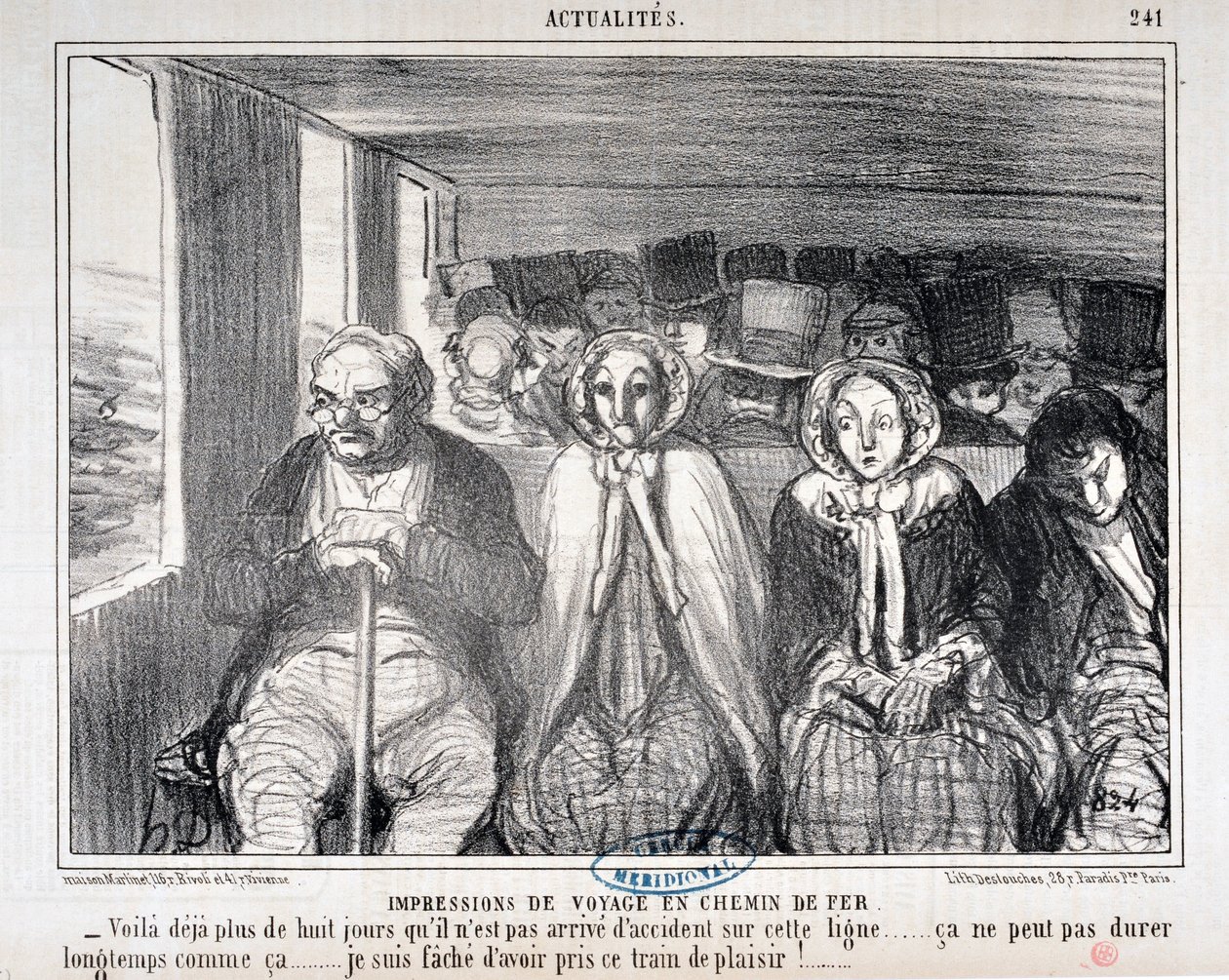 Honore Daumier (1808-1879)的艺术作品《Charivari》可以追溯到1855年。铁路旅行实况》："这条线路上已经有八天没有发生事故了......这样的情况不会持续太久......我很抱歉乘坐这列火车 作者 奥诺雷·杜米埃